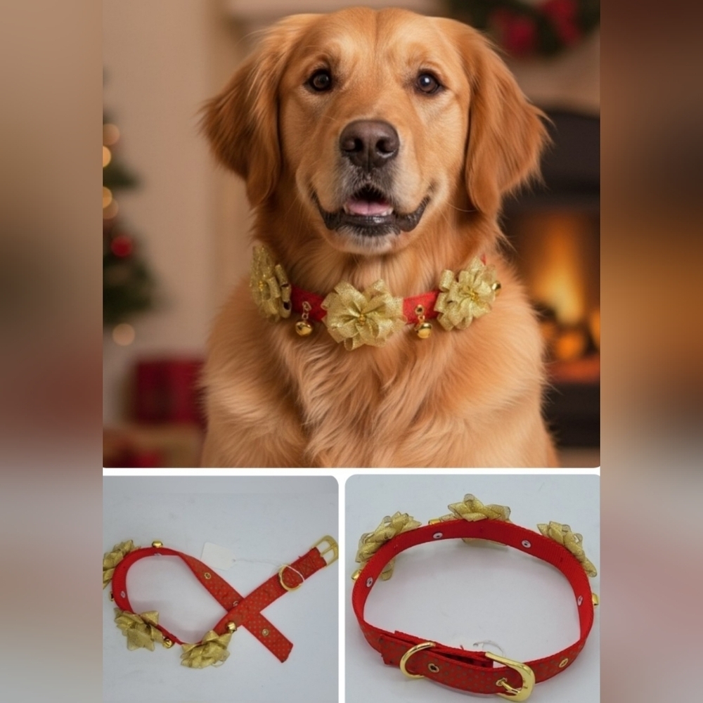 Festive Red & Gold Floral Jingle Bell Dog Collar - Christmas Holiday Size M/L